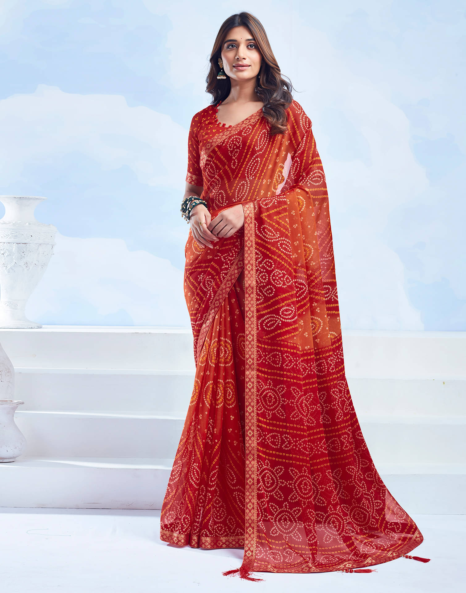 Satrani Chiffon Printed Saree With Unstitched Blouse Piece ( Red ) Satrani Chiffon Printed Saree With Unstitched Blouse Piece ( Red )