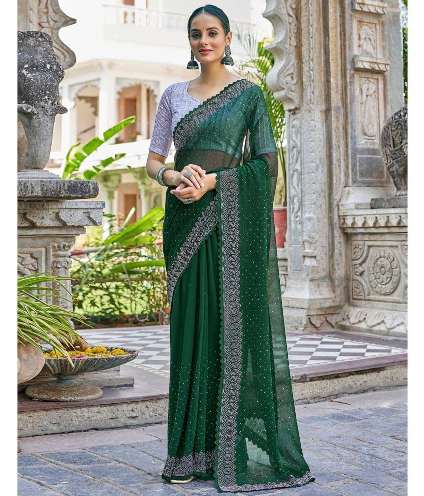 Satrani Georgette Embellished Saree With Unstitched Blouse Piece ( Green )     			Satrani Georgette Embellished Saree With Unstitched Blouse Piece ( Green )