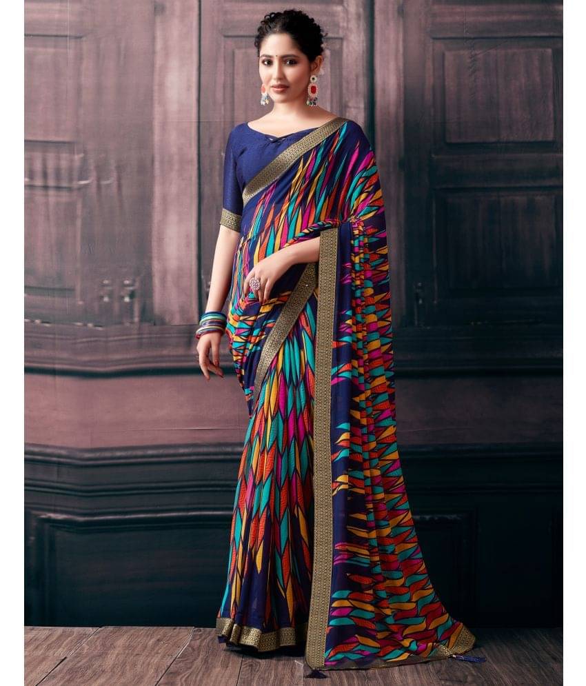     			Satrani Georgette Printed Saree With Unstitched Blouse Piece ( Multicolour )