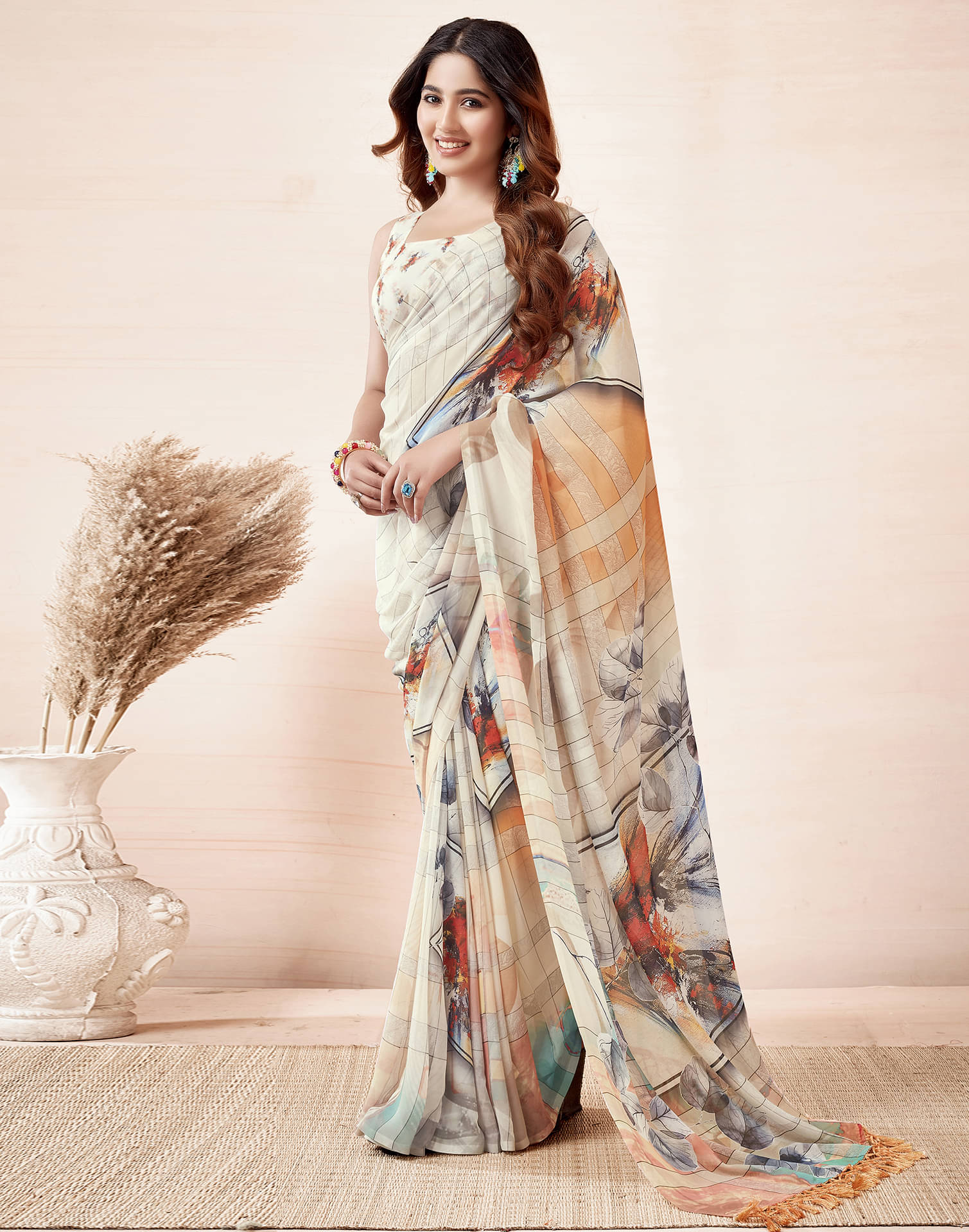     			Satrani Georgette Printed Saree With Unstitched Blouse Piece ( Cream )