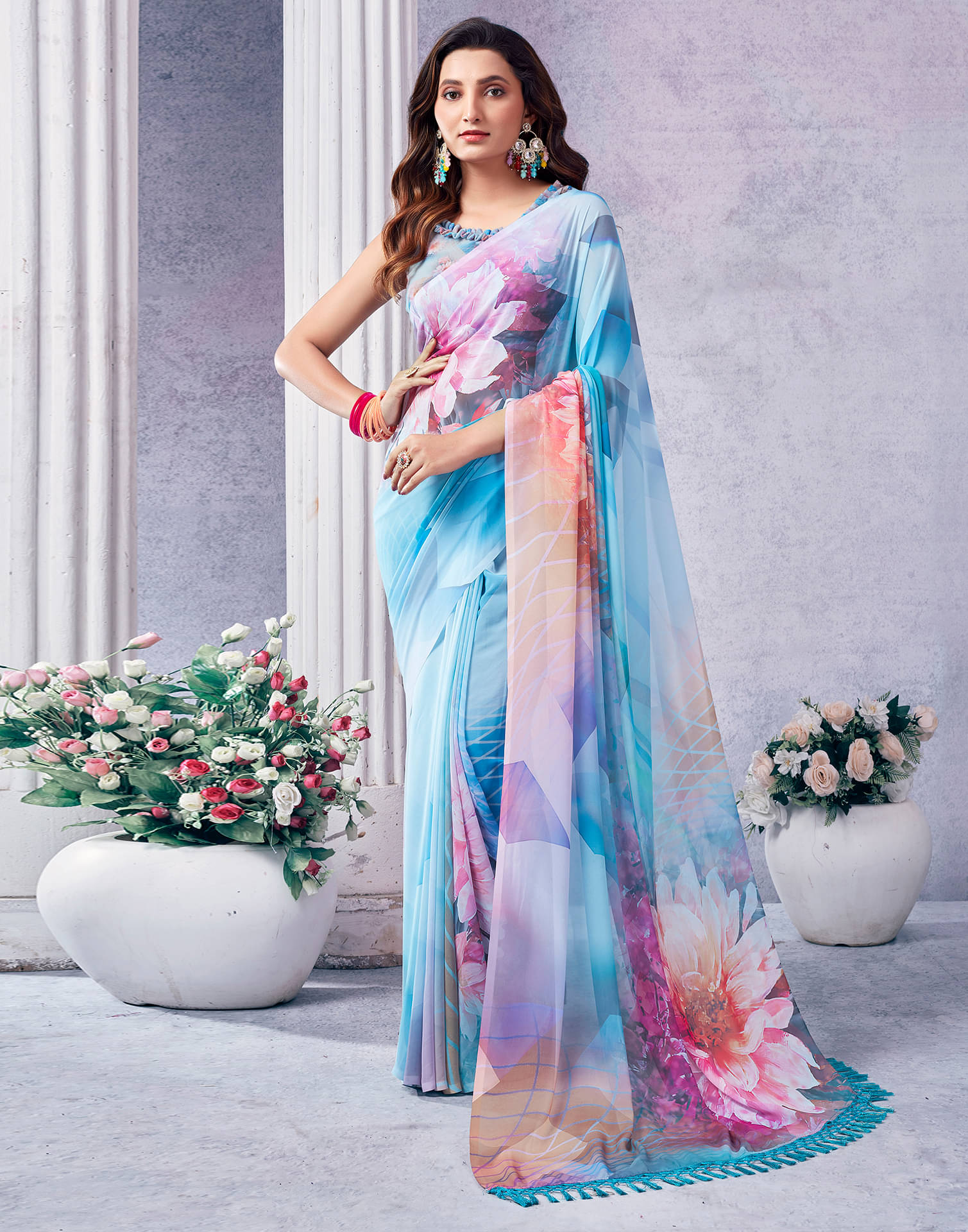     			Satrani Georgette Printed Saree With Unstitched Blouse Piece ( Blue )
