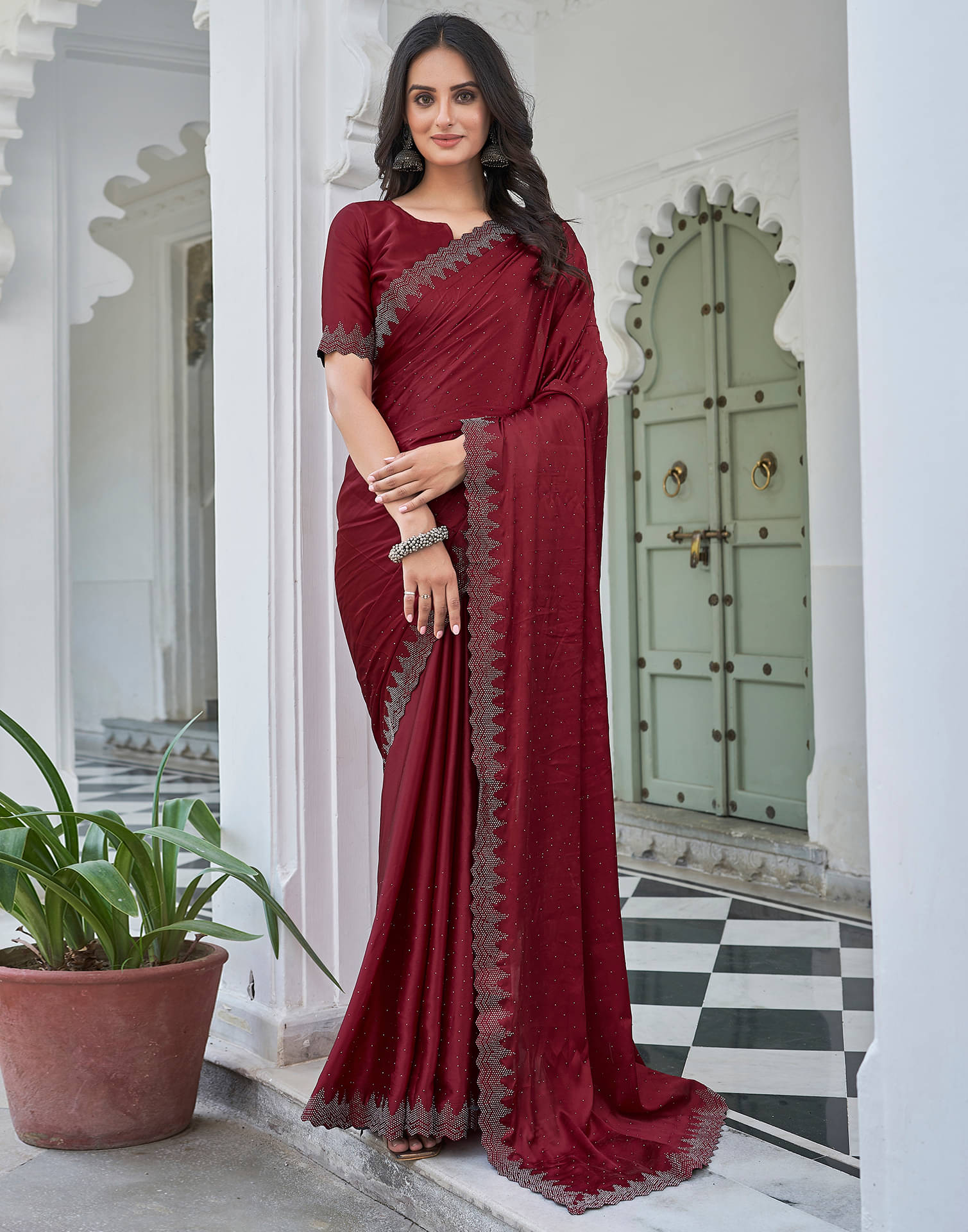 Satrani Satin Embellished Saree With Unstitched Blouse Piece ( Maroon ) Satrani Satin Embellished Saree With Unstitched Blouse Piece ( Maroon )