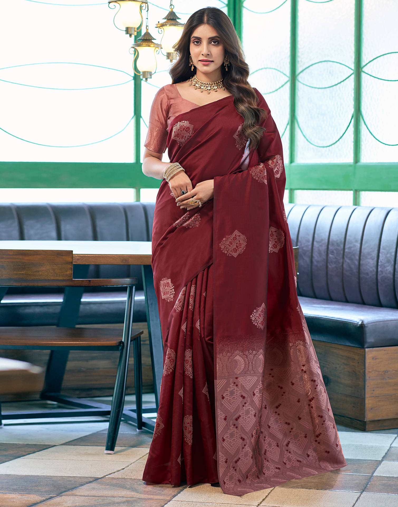 Satrani Silk Blend Self Design Saree With Unstitched Blouse Piece ( Maroon ) Satrani Silk Blend Self Design Saree With Unstitched Blouse Piece ( Maroon )