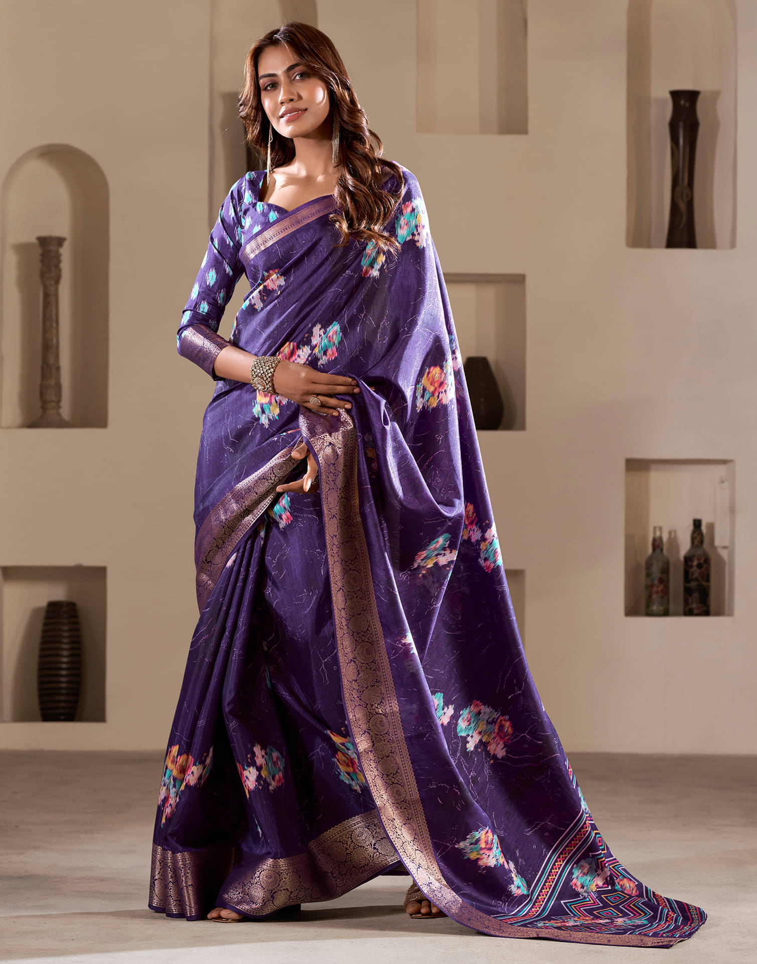     			Satrani Silk Printed Saree With Unstitched Blouse Piece ( Purple )