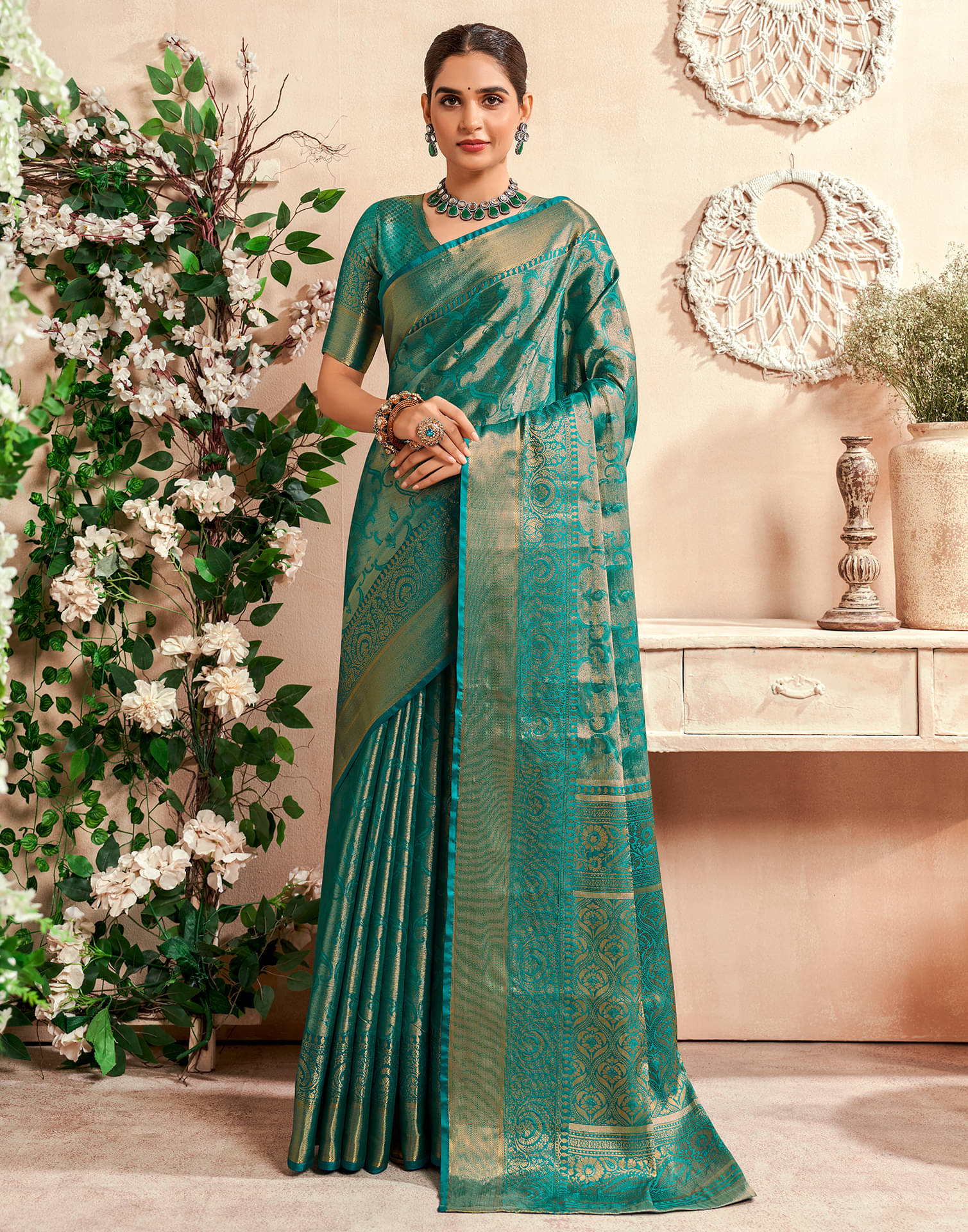 Satrani Silk Woven Saree With Unstitched Blouse Piece ( Teal )     			Satrani Silk Woven Saree With Unstitched Blouse Piece ( Teal )