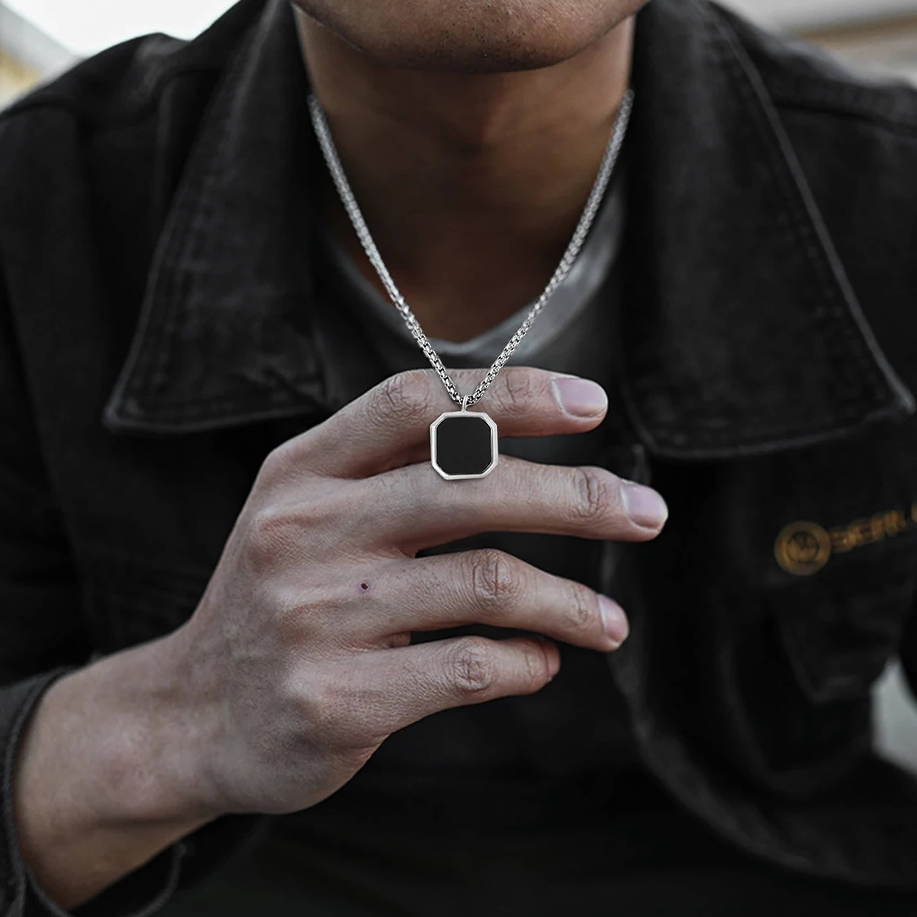 Thrillz Men's Jewellery Black Silver Chain For Men Boys Geometric Stainless Steel Black Silver Locket Pendant Necklace Chain For Men Boys Gift For Husband Gift Chains (Modern)