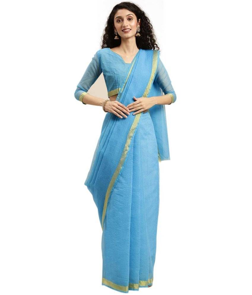     			Vkaran Net Cut Outs Saree With Unstitched Blouse Piece ( Blue )
