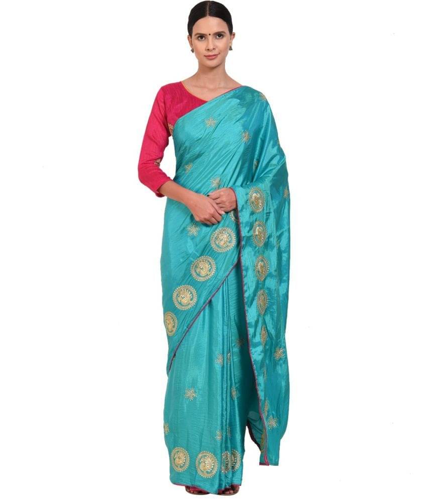Vkaran Net Cut Outs Saree With Unstitched Blouse Piece ( Rama ) Vkaran Net Cut Outs Saree With Unstitched Blouse Piece ( Rama )