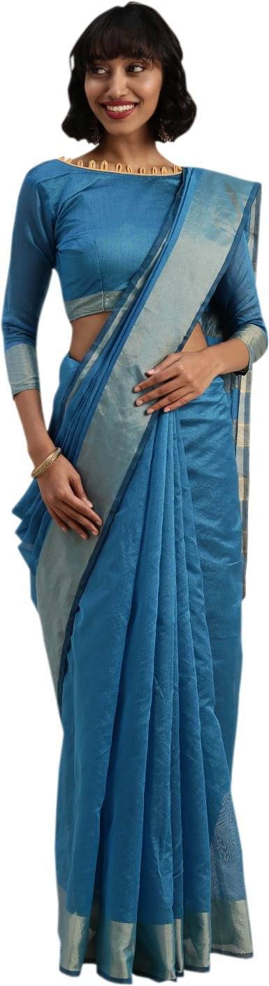     			Vkaran Net Cut Outs Saree With Unstitched Blouse Piece ( Blue )