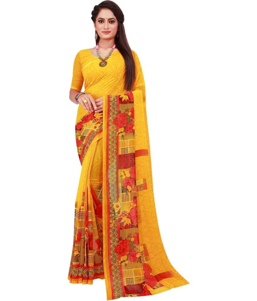     			Vkaran Net Cut Outs Saree With Unstitched Blouse Piece ( Yellow )