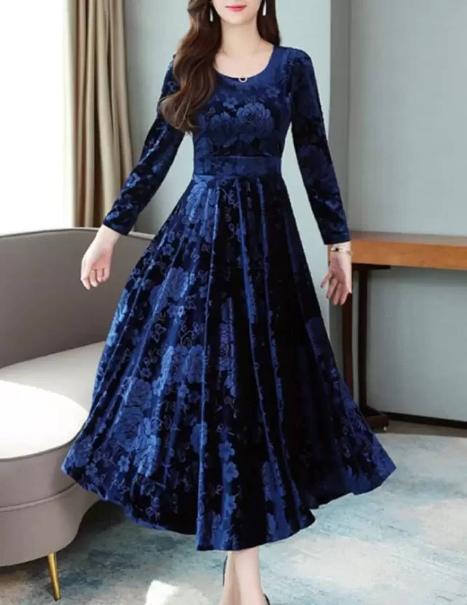 Westchic Women Velvet Printed Fit & Flare Dress ( Blue )