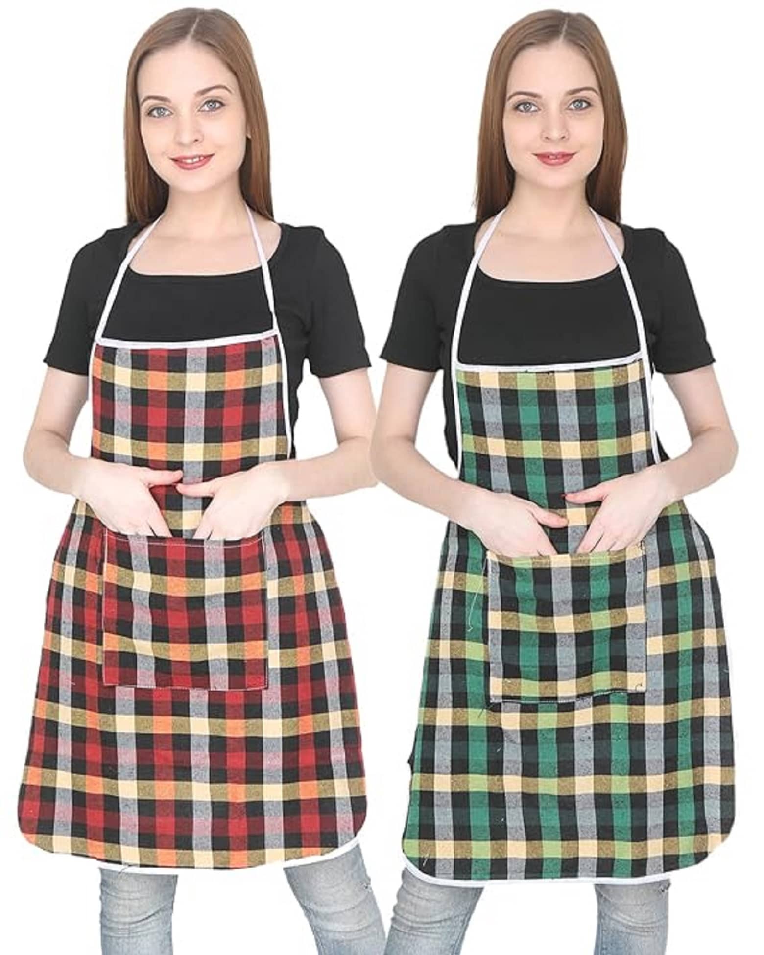 Crosmo Cotton Checks Kitchen Apron with 1 Center Pocket ( Pack of 2 )