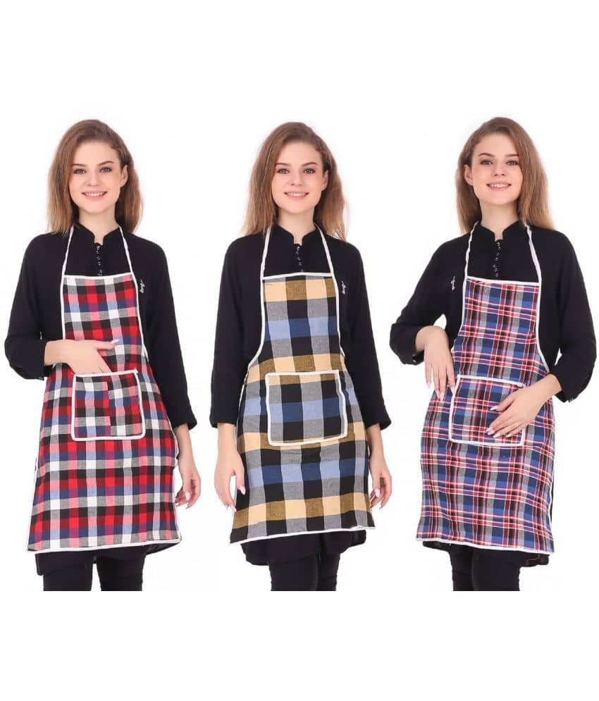 Crosmo Cotton Checks Kitchen Apron with 1 Center Pocket ( Pack of 3 )