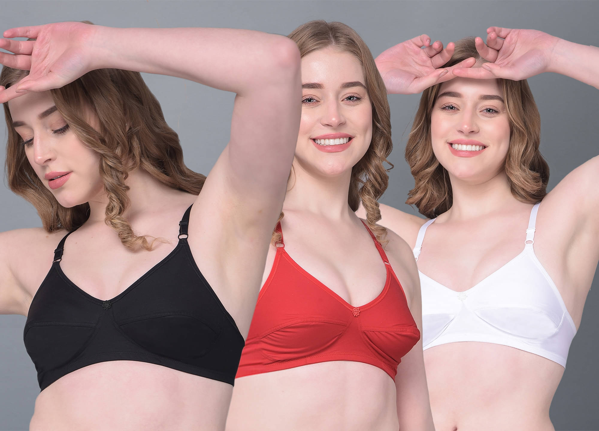     			Dollar Missy Pack of 3 Cotton Non Padded Women's Everyday Bra ( Multicolor ) DES-1301-BK-RC-WH-PO3