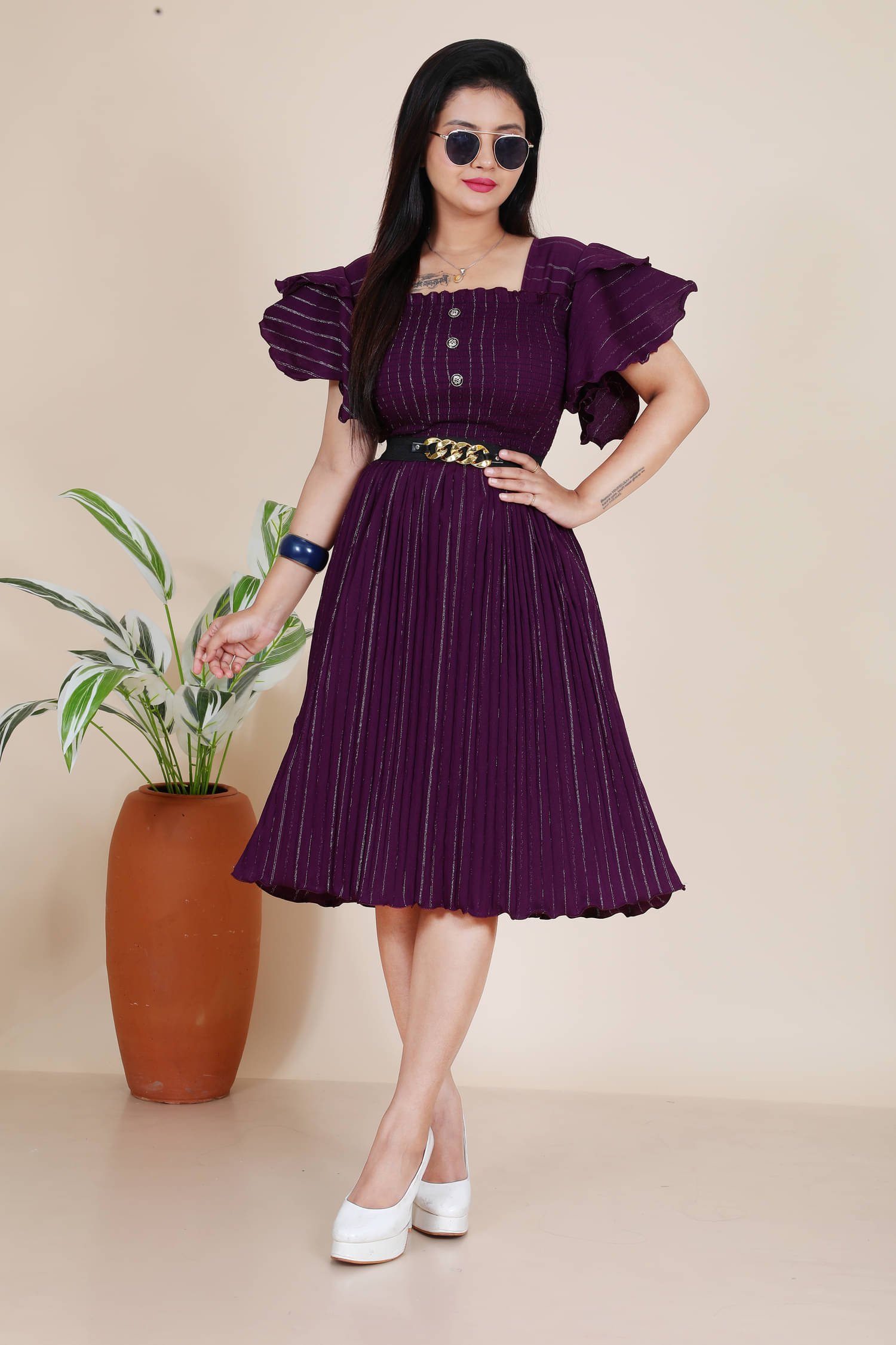 NEWSIFA Women Cotton Blend Solid Fit & Flare Dress ( Purple ) NEWSIFA Women Cotton Blend Solid Fit & Flare Dress ( Purple )