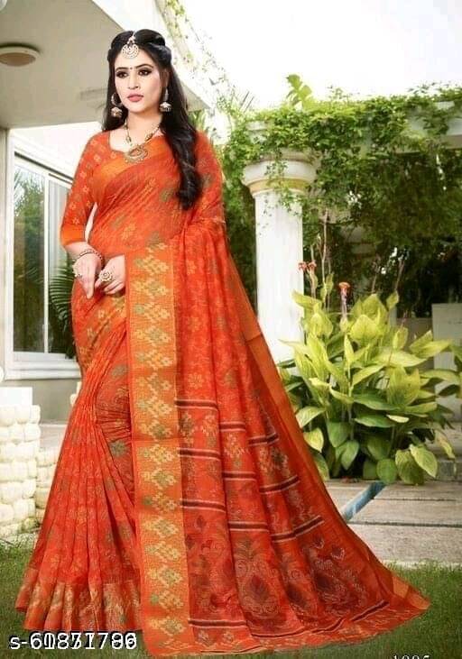 Saadhvi Cotton Silk Applique Saree Without Blouse Piece ( Orange )     			Saadhvi Cotton Silk Applique Saree Without Blouse Piece ( Orange )