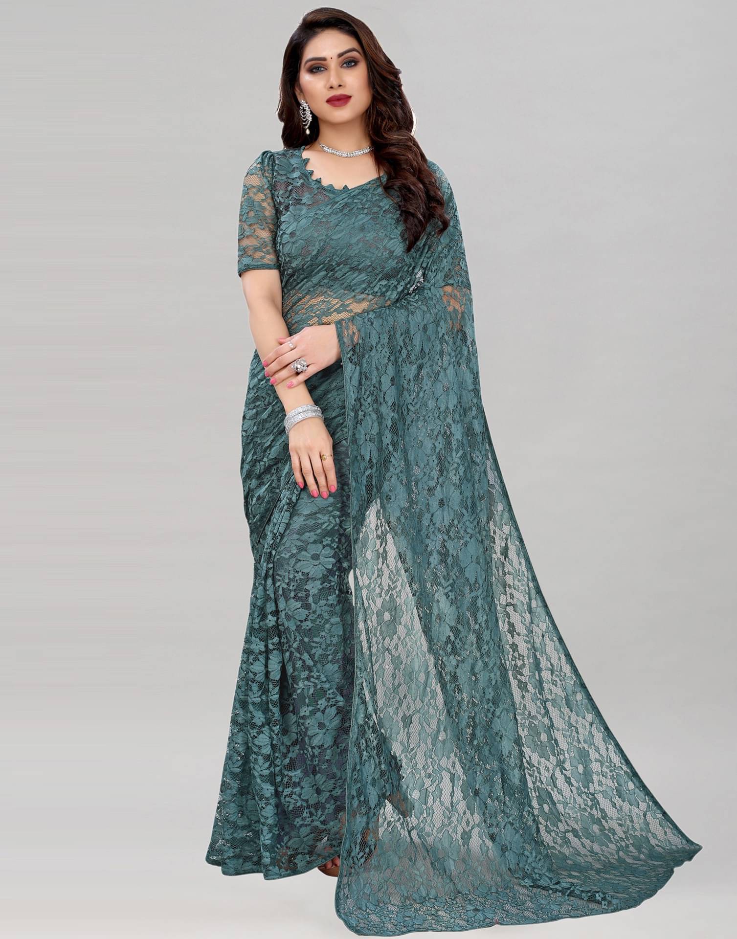 Saadhvi Net Cut Outs Saree With Unstitched Blouse Piece ( Grey ) Saadhvi Net Cut Outs Saree With Unstitched Blouse Piece ( Grey )