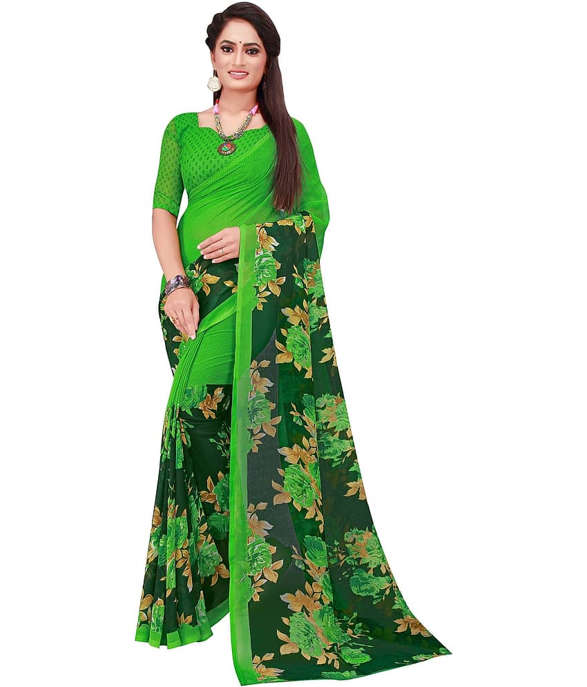 Saadhvi Net Cut Outs Saree With Unstitched Blouse Piece ( Green ) - Sarees | Buy online on ZillyBuy