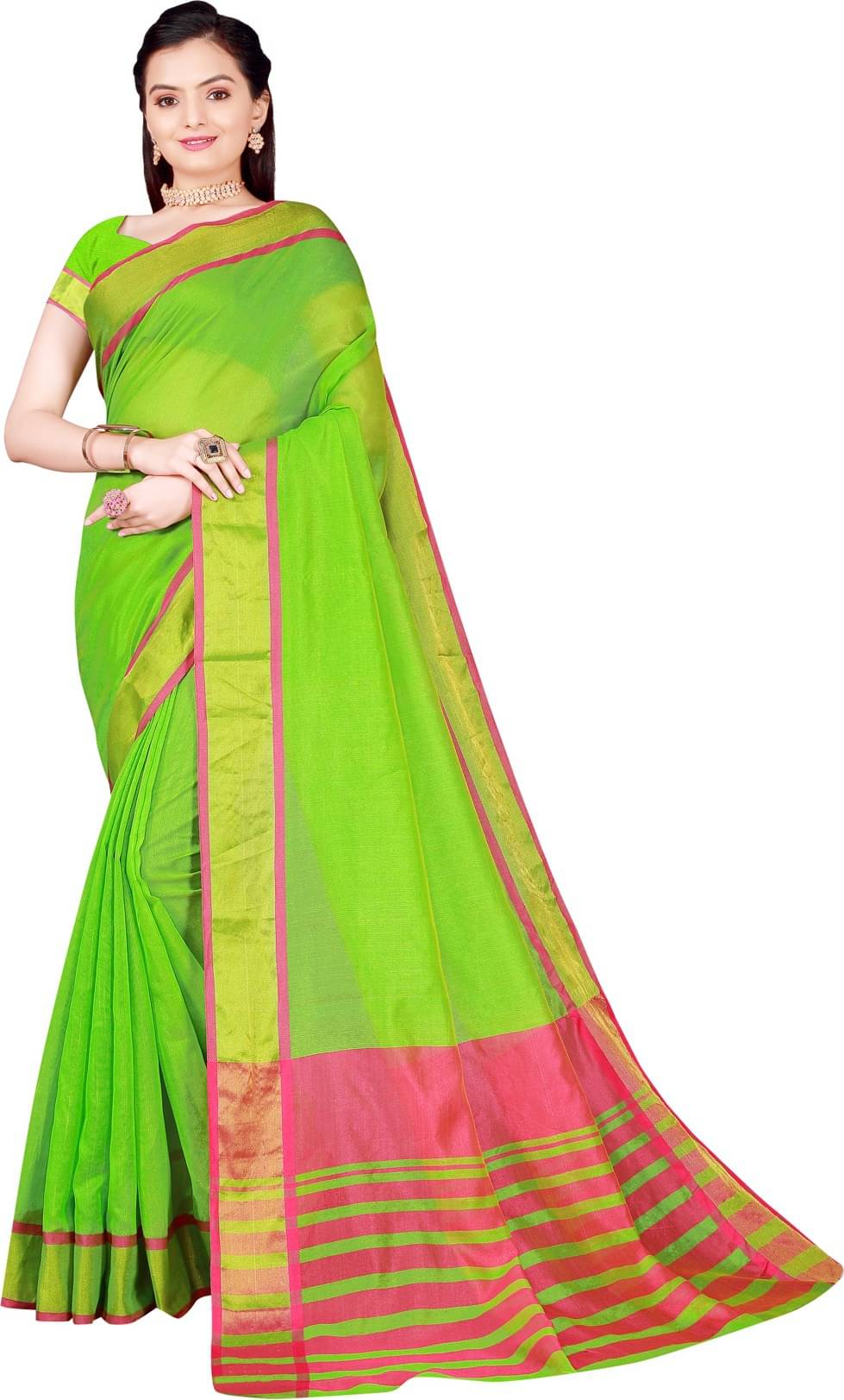     			Saadhvi Net Cut Outs Saree With Unstitched Blouse Piece ( Lime Green )