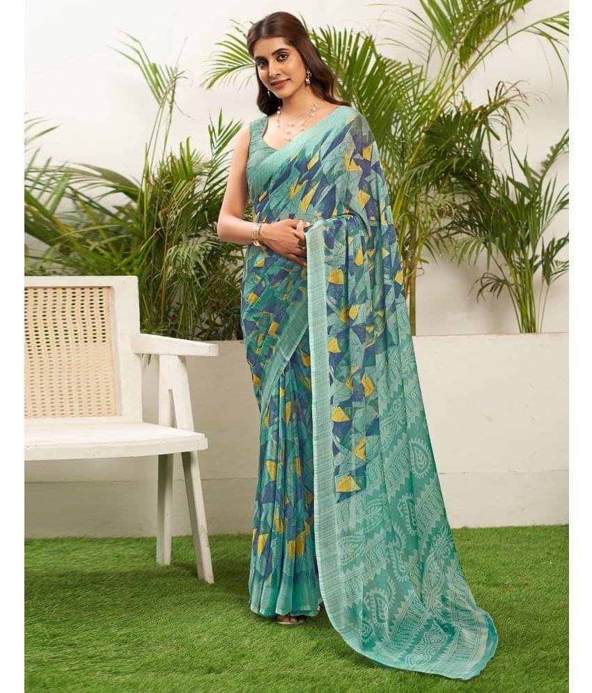     			Samah Chiffon Printed Saree With Unstitched Blouse Piece ( Turquoise )