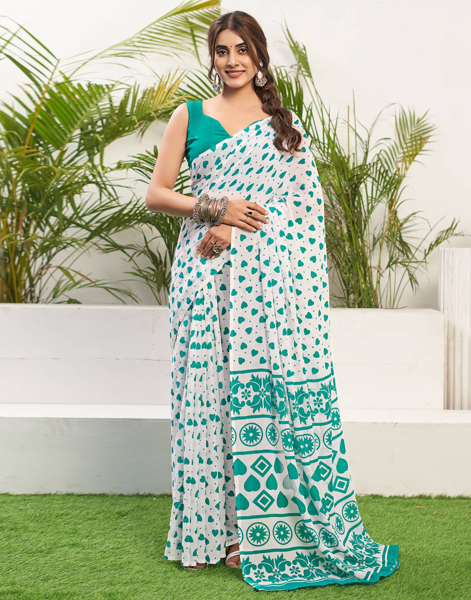     			Samah Chiffon Printed Saree With Unstitched Blouse Piece ( Turquoise )