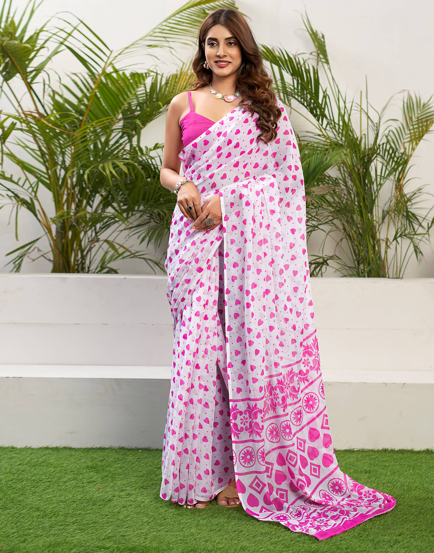     			Samah Chiffon Printed Saree With Unstitched Blouse Piece ( Pink )