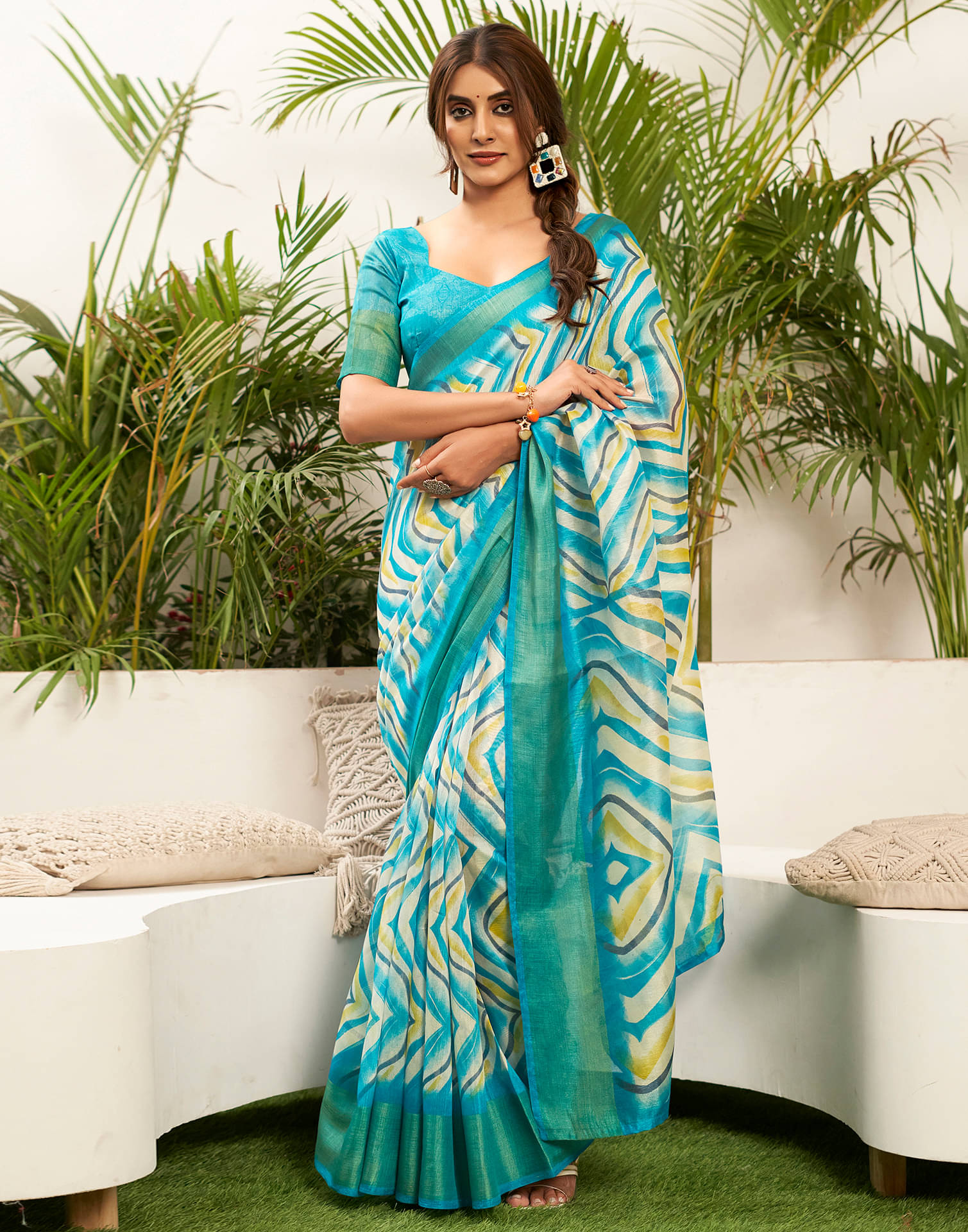     			Samah Cotton Blend Printed Saree With Unstitched Blouse Piece ( Blue )
