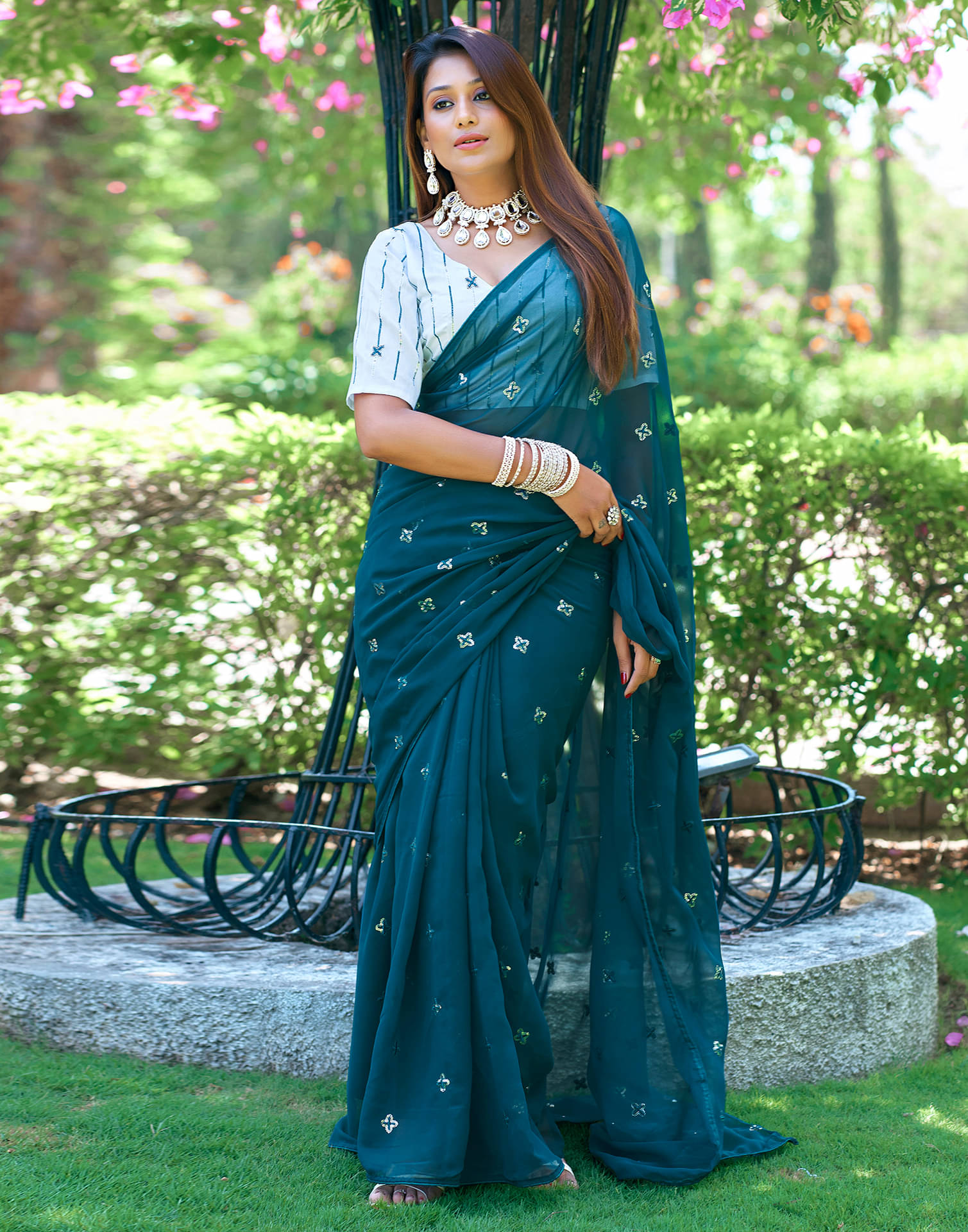     			Samah Georgette Embellished Saree With Unstitched Blouse Piece ( Rama )
