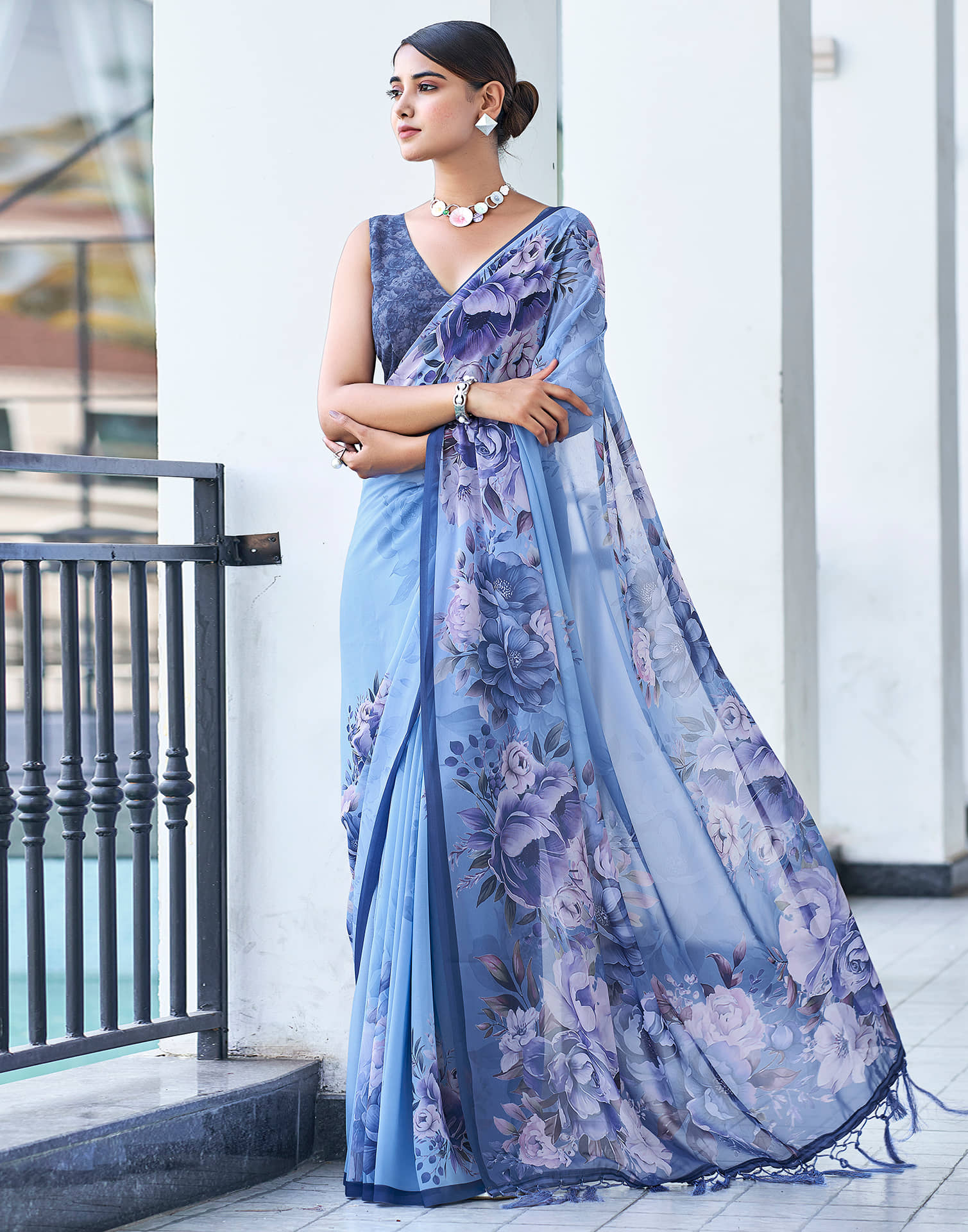 Samah Georgette Printed Saree With Unstitched Blouse Piece ( Blue ) - Sarees | Buy online on ZillyBuy