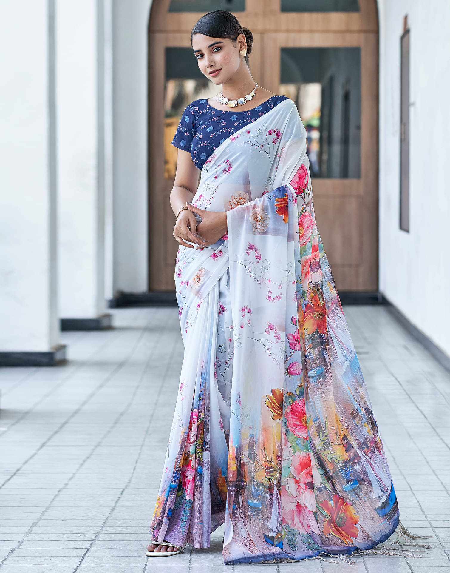     			Samah Georgette Printed Saree With Unstitched Blouse Piece ( Multicolor2 )