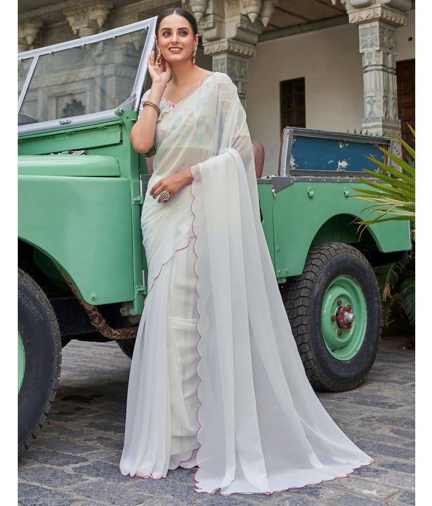 Samah Georgette Solid Saree With Unstitched Blouse Piece ( White ) Samah Georgette Solid Saree With Unstitched Blouse Piece ( White )