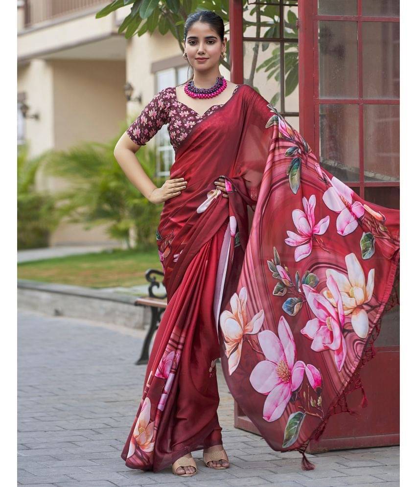 Samah Satin Printed Saree With Unstitched Blouse Piece ( Maroon ) Samah Satin Printed Saree With Unstitched Blouse Piece ( Maroon )