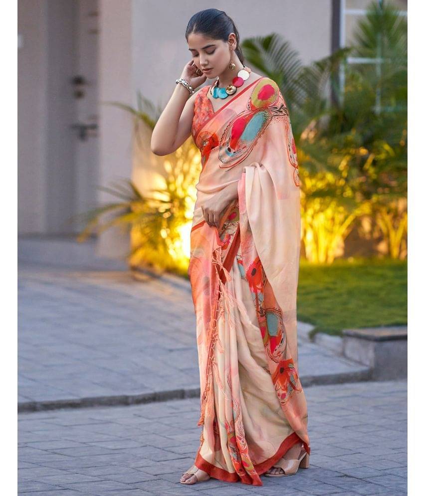     			Samah Satin Printed Saree With Unstitched Blouse Piece ( Off White )