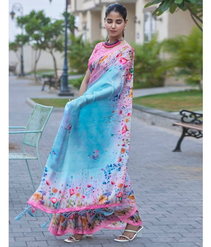     			Samah Satin Printed Saree With Unstitched Blouse Piece ( LightBLue )