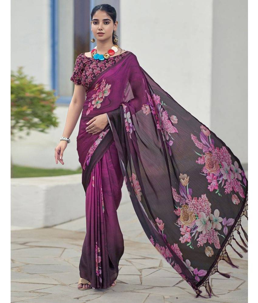 Samah Satin Printed Saree With Unstitched Blouse Piece ( Purple ) Samah Satin Printed Saree With Unstitched Blouse Piece ( Purple )