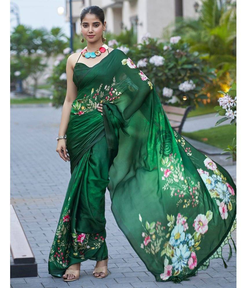 Samah Satin Printed Saree With Unstitched Blouse Piece ( Green ) Samah Satin Printed Saree With Unstitched Blouse Piece ( Green )