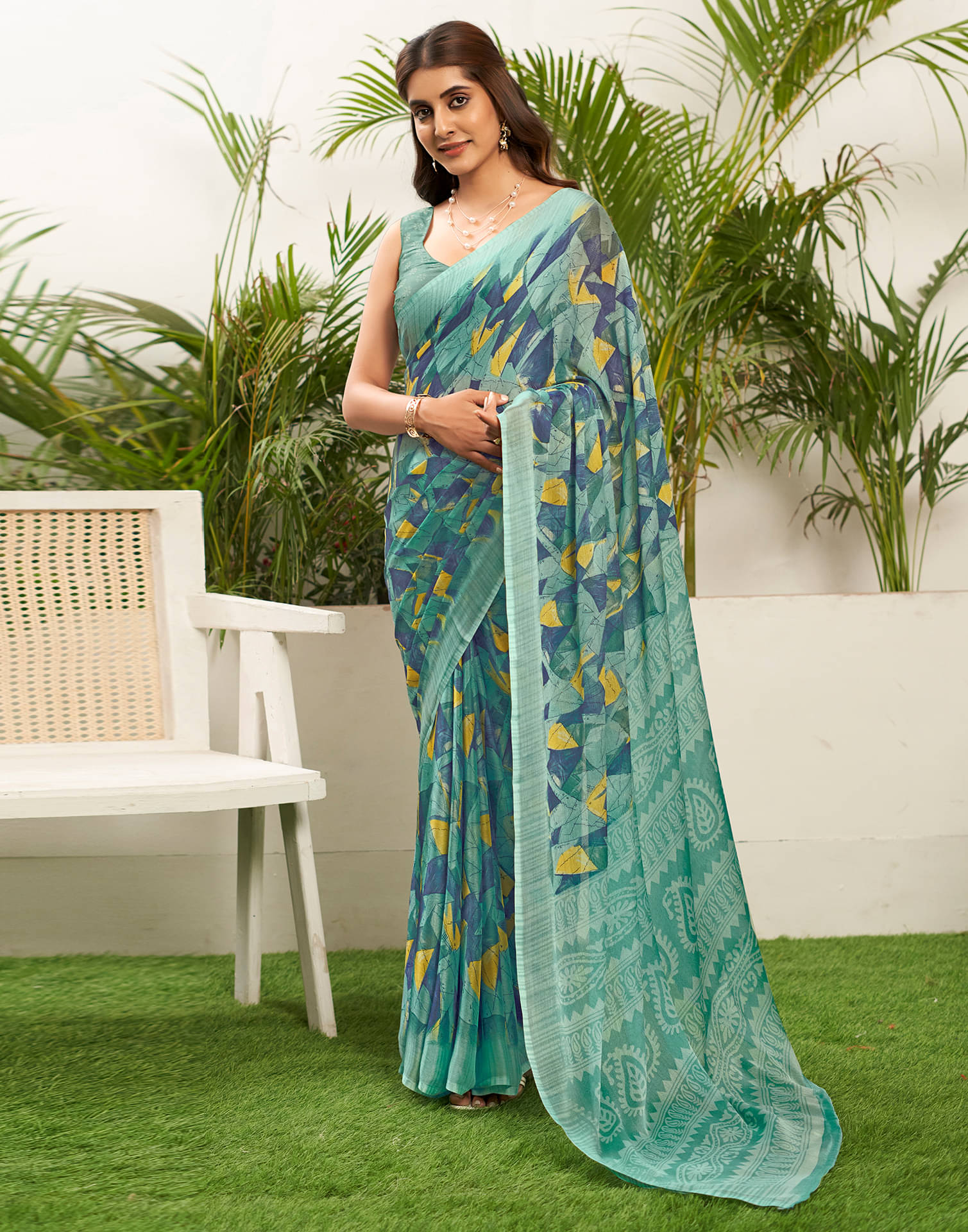     			Satrani Chiffon Printed Saree With Unstitched Blouse Piece ( Turquoise )