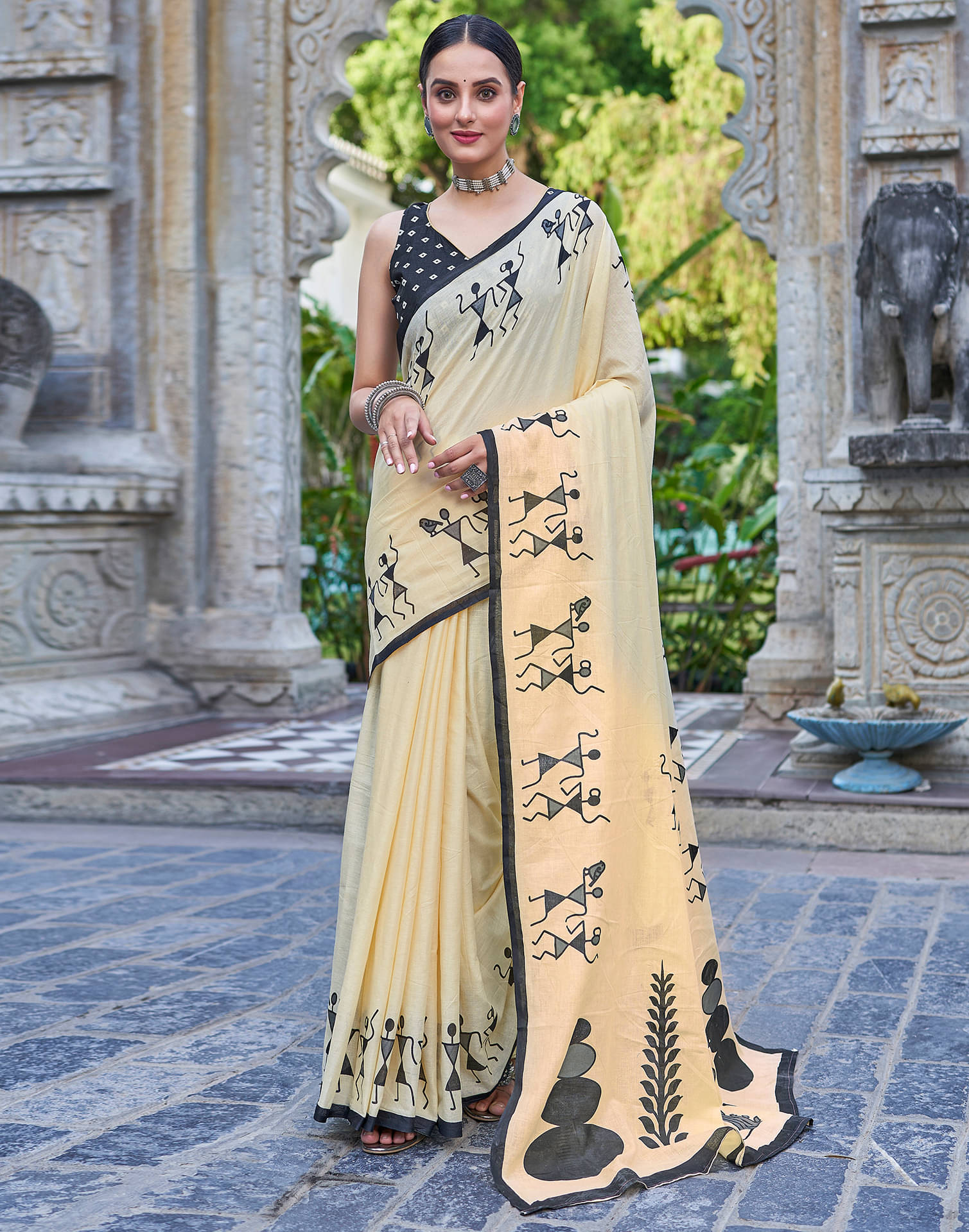     			Satrani Cotton Printed Saree With Unstitched Blouse Piece ( Yellow )