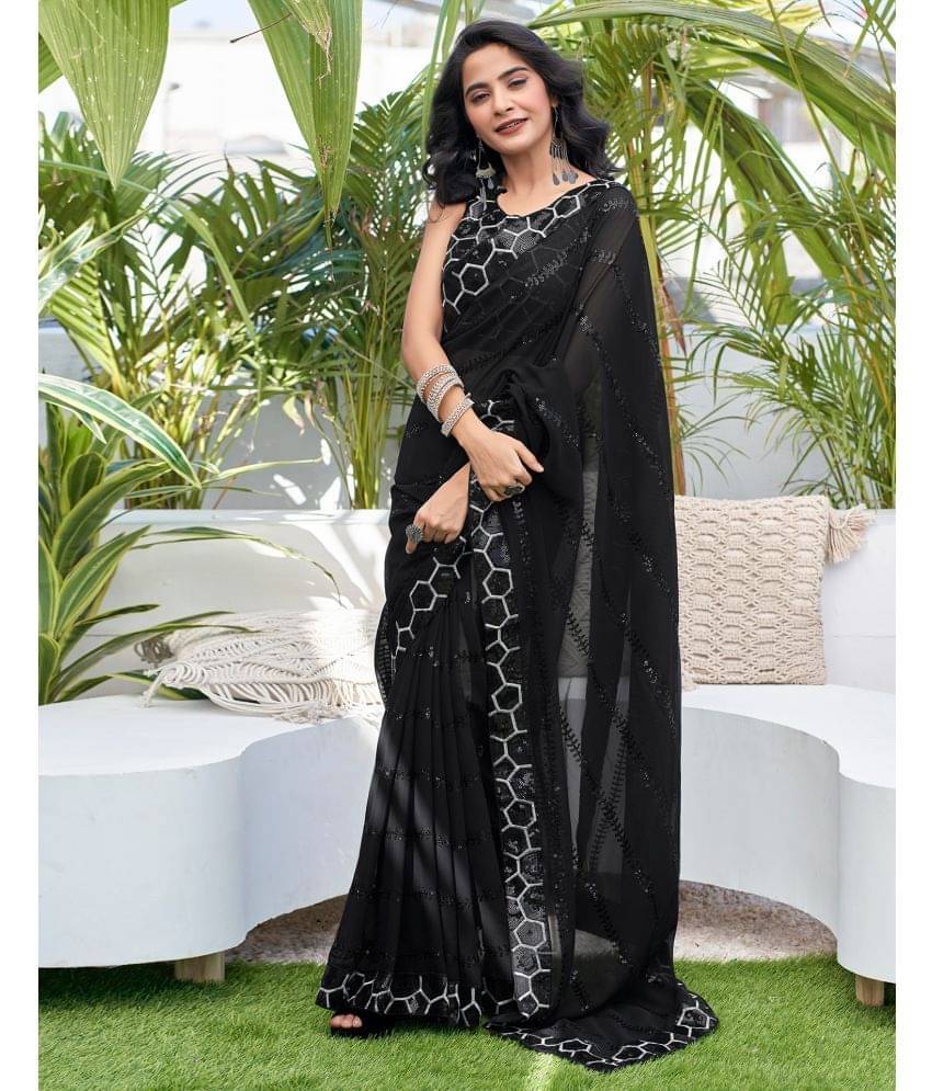 Satrani Georgette Embellished Saree With Unstitched Blouse Piece ( Black ) Satrani Georgette Embellished Saree With Unstitched Blouse Piece ( Black )