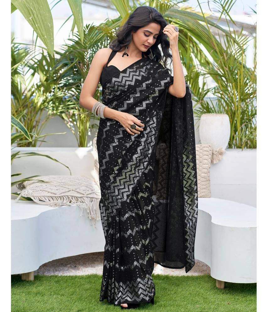 Satrani Georgette Embellished Saree With Unstitched Blouse Piece ( Black ) Satrani Georgette Embellished Saree With Unstitched Blouse Piece ( Black )