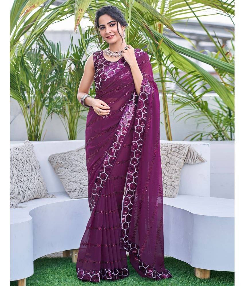 Satrani Georgette Embellished Saree With Unstitched Blouse Piece ( Purple ) Satrani Georgette Embellished Saree With Unstitched Blouse Piece ( Purple )