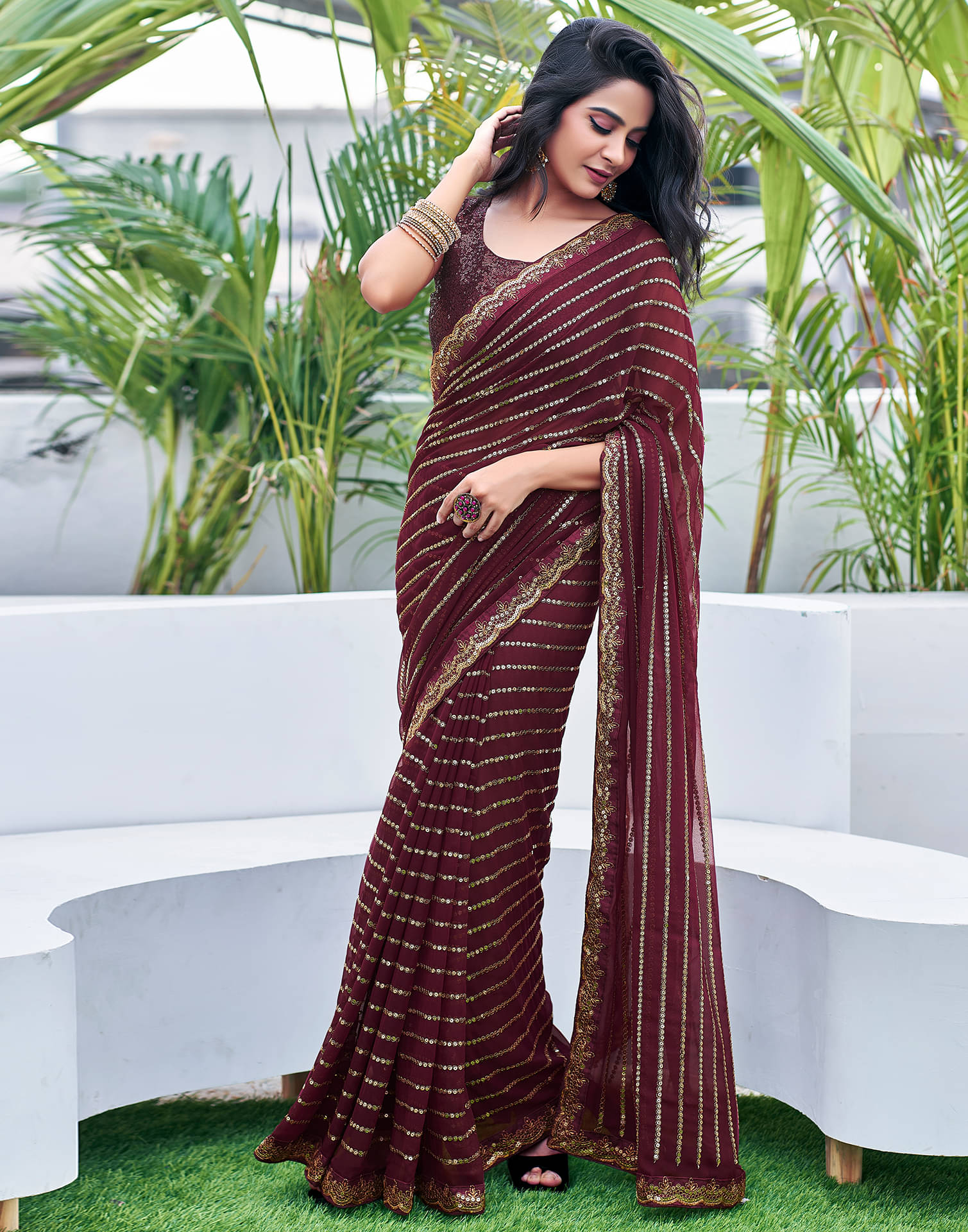 Satrani Georgette Embellished Saree With Unstitched Blouse Piece ( Brown ) Satrani Georgette Embellished Saree With Unstitched Blouse Piece ( Brown )