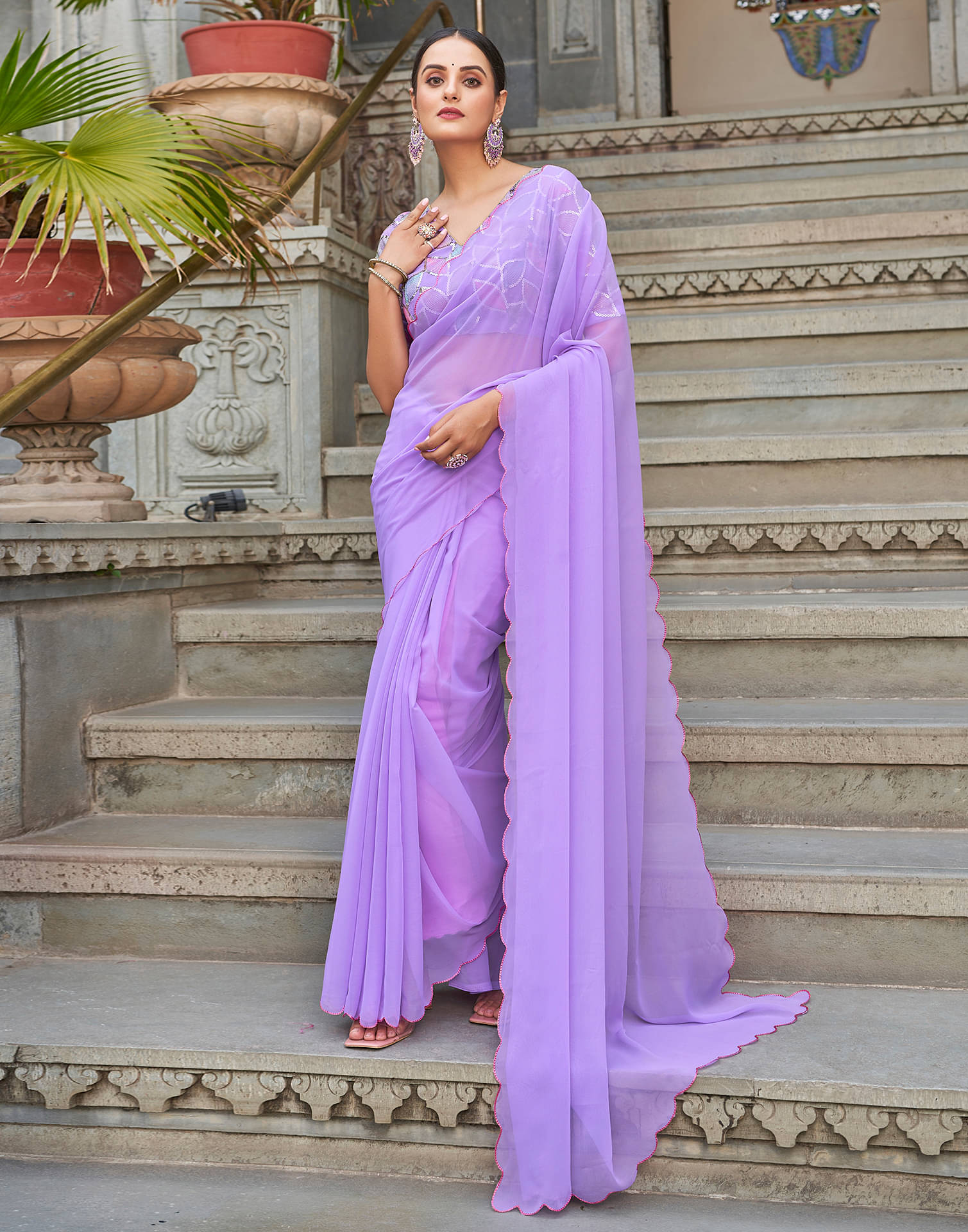 Satrani Georgette Solid Saree With Unstitched Blouse Piece ( Lavender ) Satrani Georgette Solid Saree With Unstitched Blouse Piece ( Lavender )
