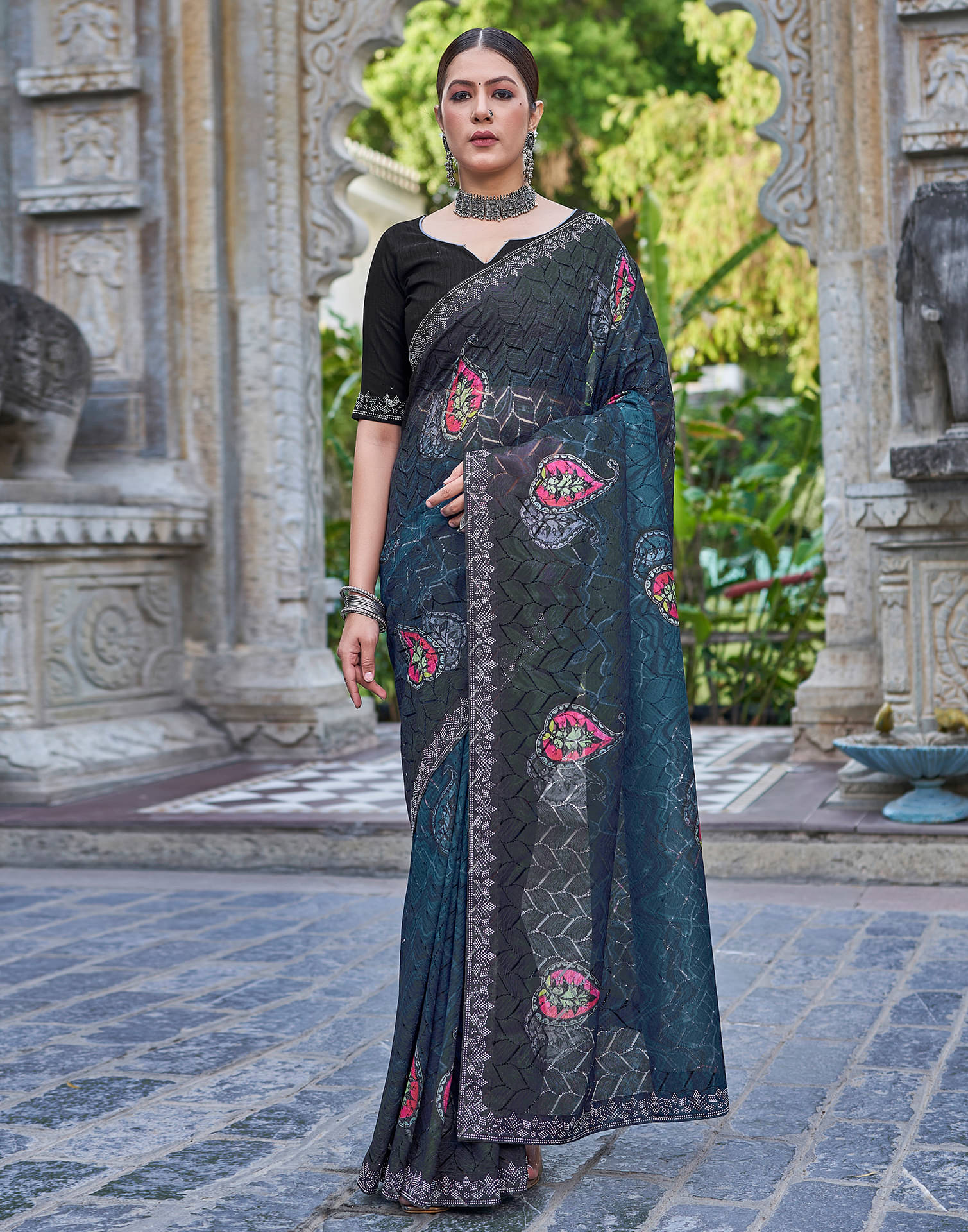 Satrani Net Printed Saree With Unstitched Blouse Piece ( Rama ) Satrani Net Printed Saree With Unstitched Blouse Piece ( Rama )