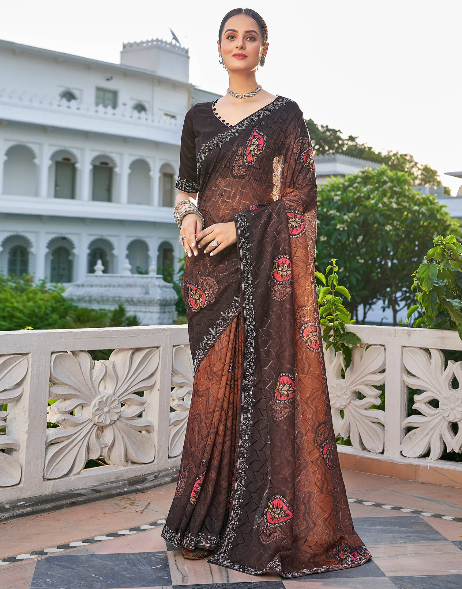     			Satrani Net Printed Saree With Unstitched Blouse Piece ( Brown )