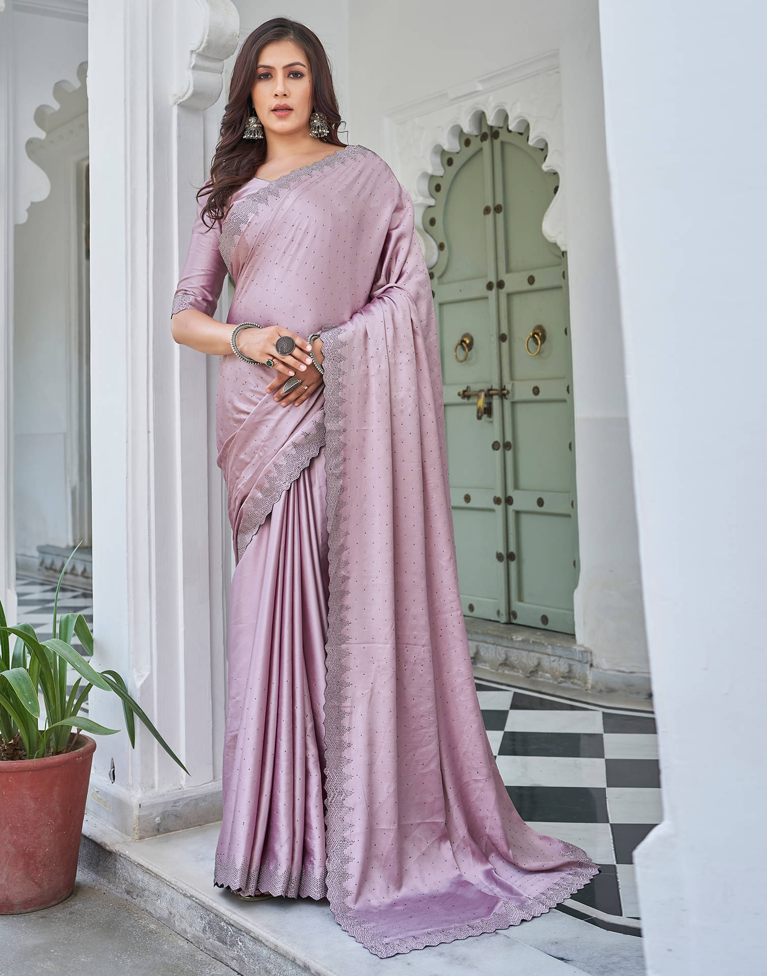     			Satrani Satin Embellished Saree With Unstitched Blouse Piece ( Pink )