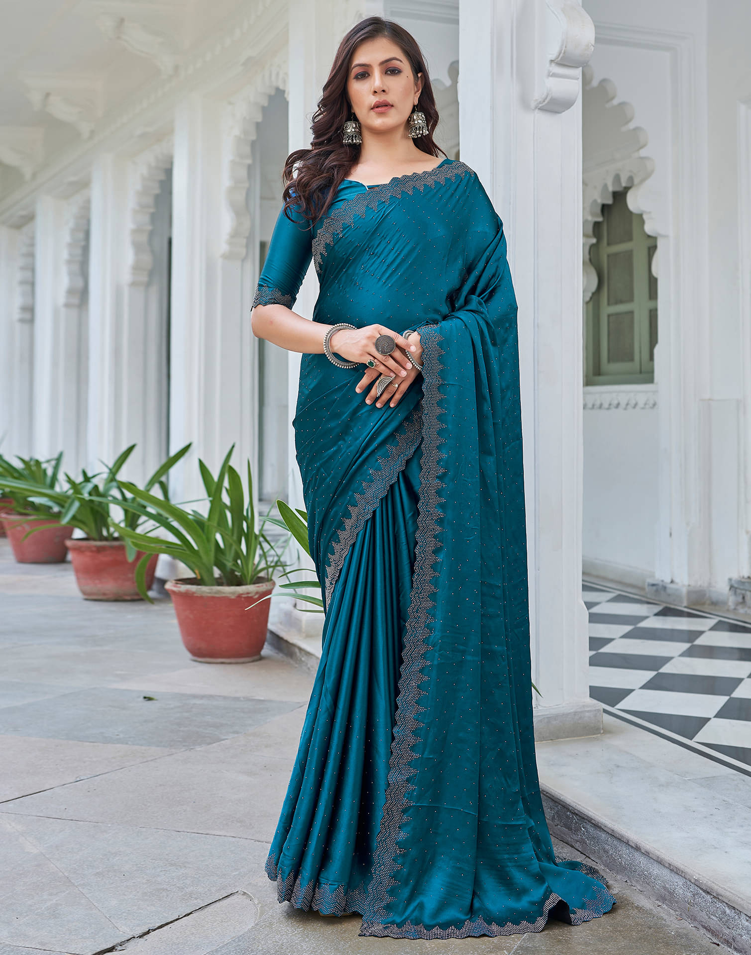 Satrani Satin Embellished Saree With Unstitched Blouse Piece ( Teal ) Satrani Satin Embellished Saree With Unstitched Blouse Piece ( Teal )