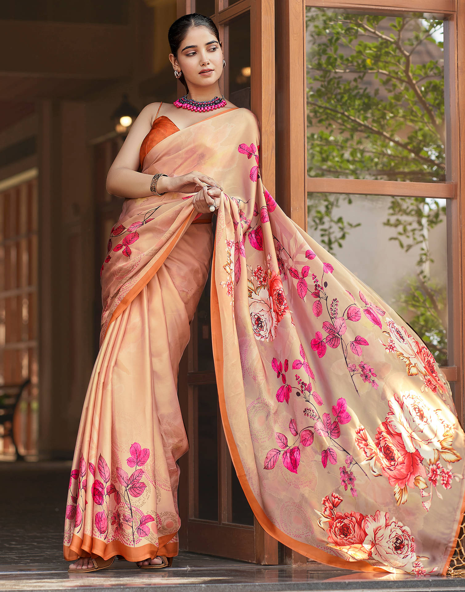     			Satrani Satin Printed Saree With Unstitched Blouse Piece ( Beige )