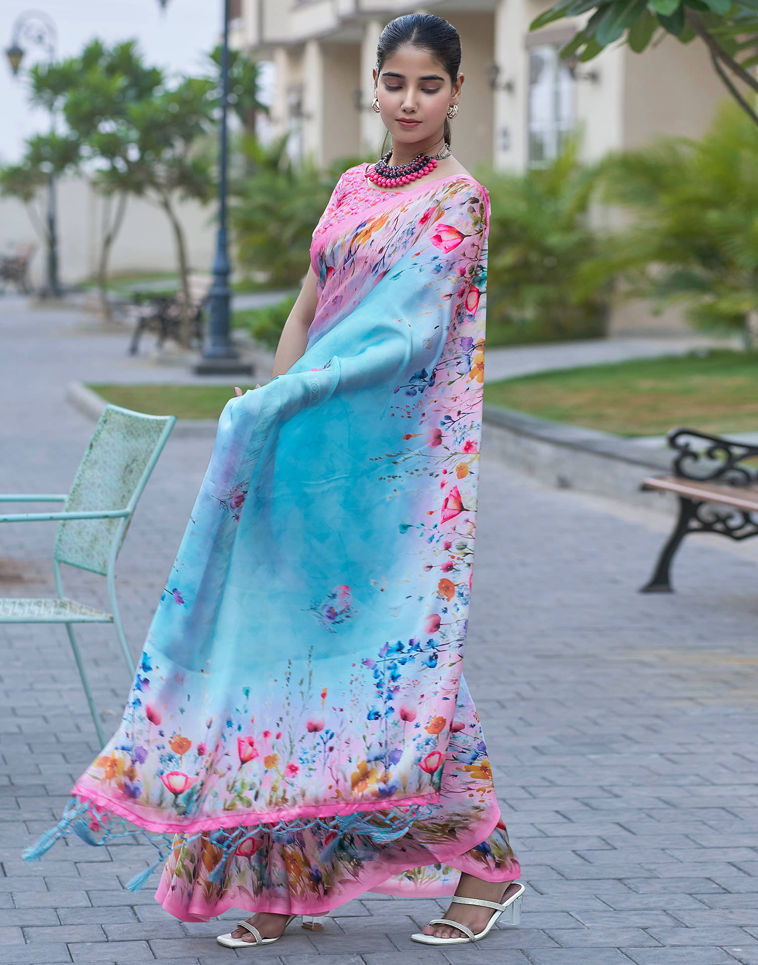 Satrani Satin Printed Saree With Unstitched Blouse Piece ( LightBLue ) Satrani Satin Printed Saree With Unstitched Blouse Piece ( LightBLue )