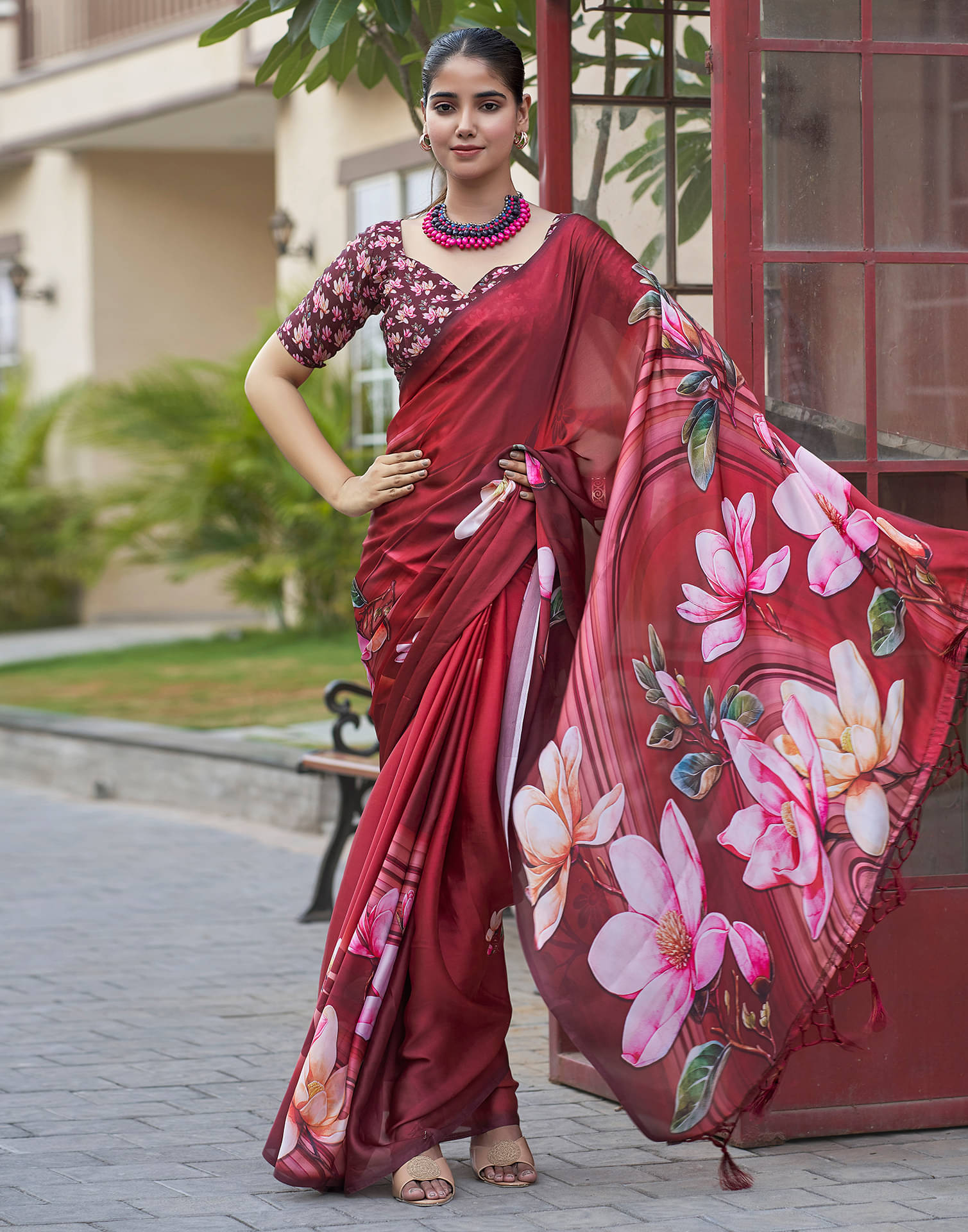 Satrani Satin Printed Saree With Unstitched Blouse Piece ( Maroon ) Satrani Satin Printed Saree With Unstitched Blouse Piece ( Maroon )